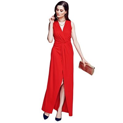 Long elegant red maxi dress with knot detail